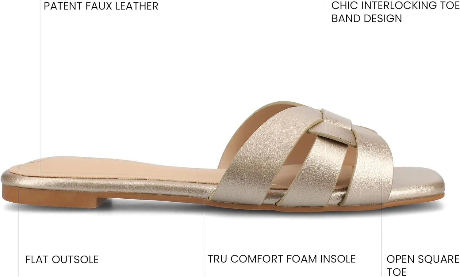 Journee Womens Flat Open Square Toe Fashion Banded Sandal Comfortable Dressy Slip On Arrina Slide