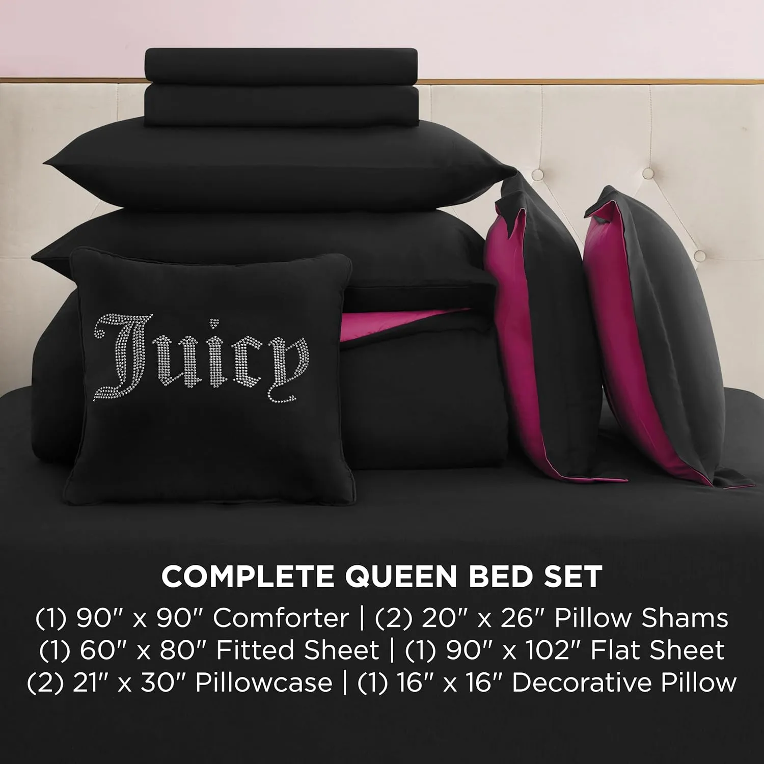 Juicy Couture Alexis Reversible Comforter Set, Queen Bed in a Bag – Black/Hot Pink, 8-Piece Bedding Collection