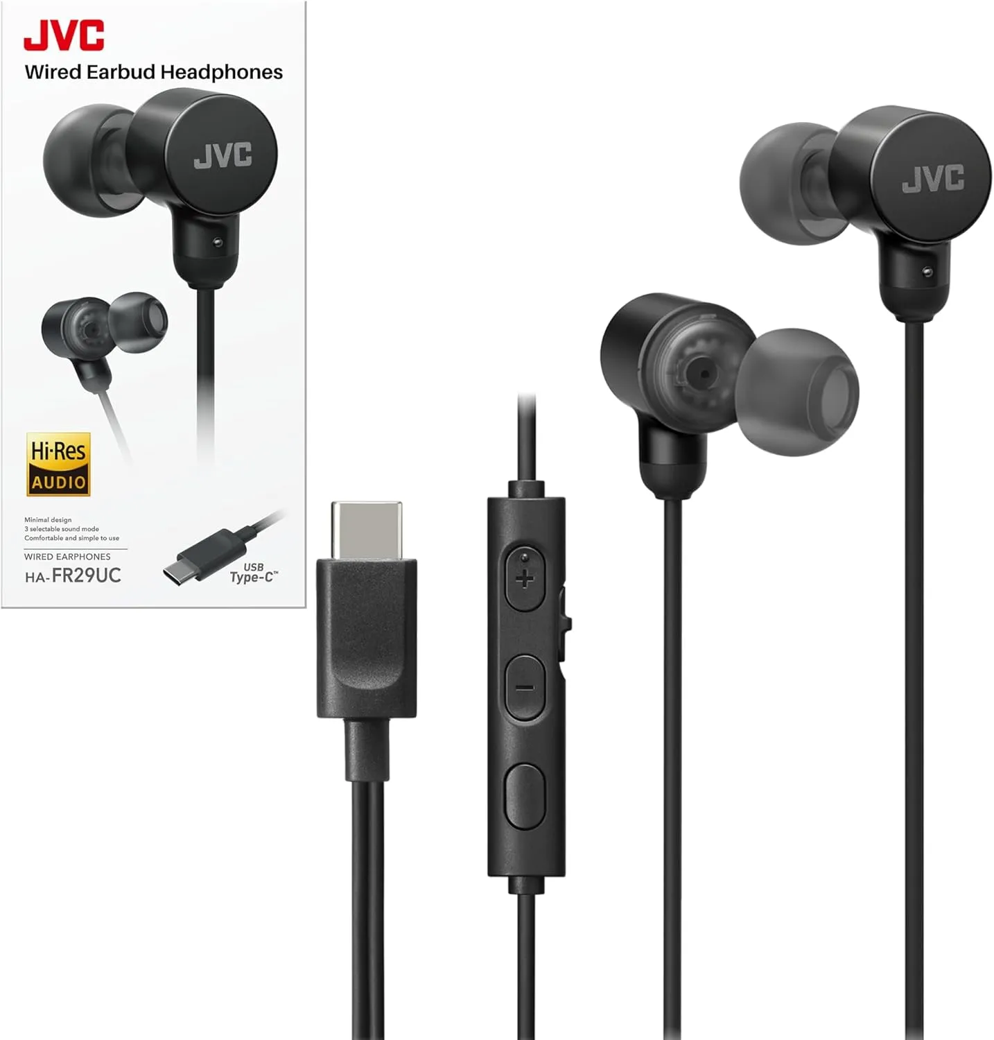 JVC Wired USB-C Earbuds - Noise Isolation - DAC - Hi-Res Audio - Built-in Mic with Mute - Comfortable Silicone Ear Tips - 3 Button Remote – Plug & Play - HAFR29UC