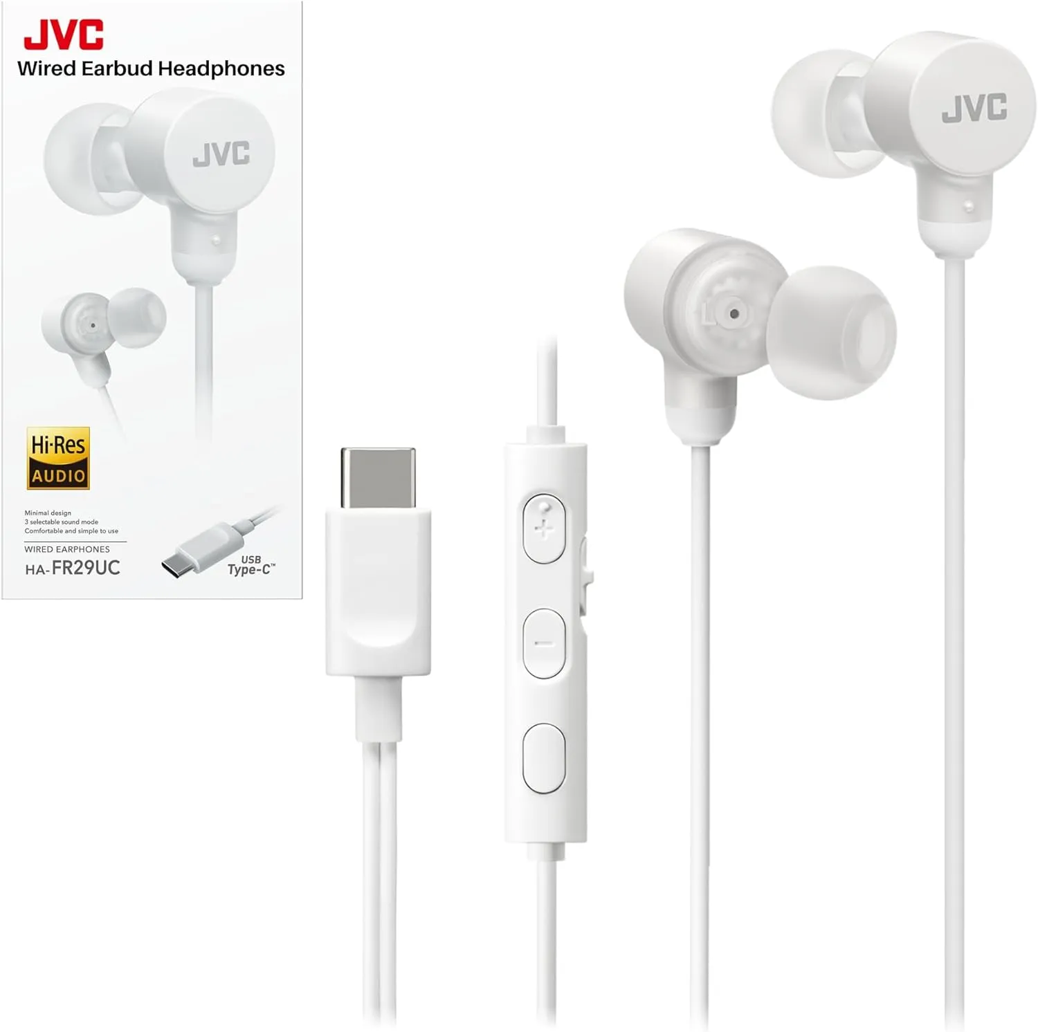 JVC Wired USB-C Earbuds - Noise Isolation - DAC - Hi-Res Audio - Built-in Mic with Mute - Comfortable Silicone Ear Tips - 3 Button Remote – Plug & Play - HAFR29UC