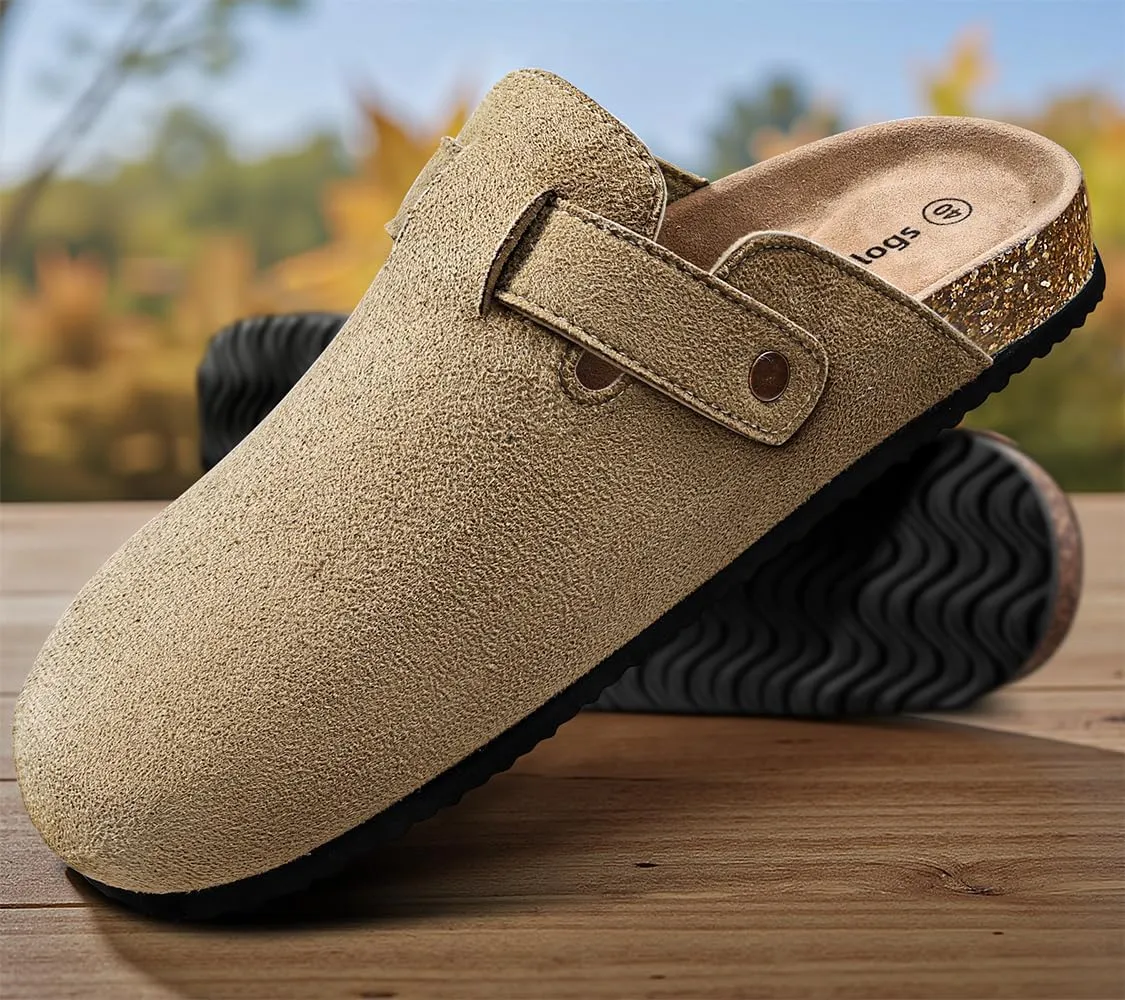 KEMISANT Women Clogs Comfortable Mules Clogs Sandals Slippers Men Women-Suede Upper Cushioned Cork-Footbed