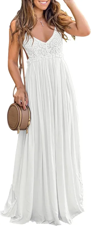 Ladmous Women's V Neck Floral Lace Wedding Dress Sleeveless Bridesmaid Evening Party Maxi Dress