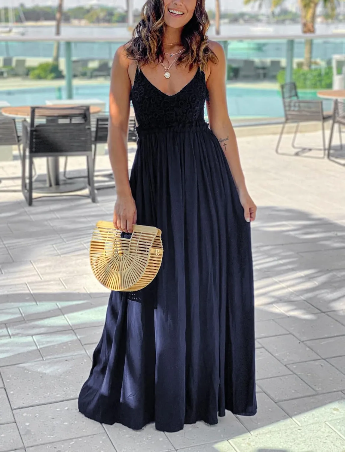 Ladmous Women's V Neck Floral Lace Wedding Dress Sleeveless Bridesmaid Evening Party Maxi Dress