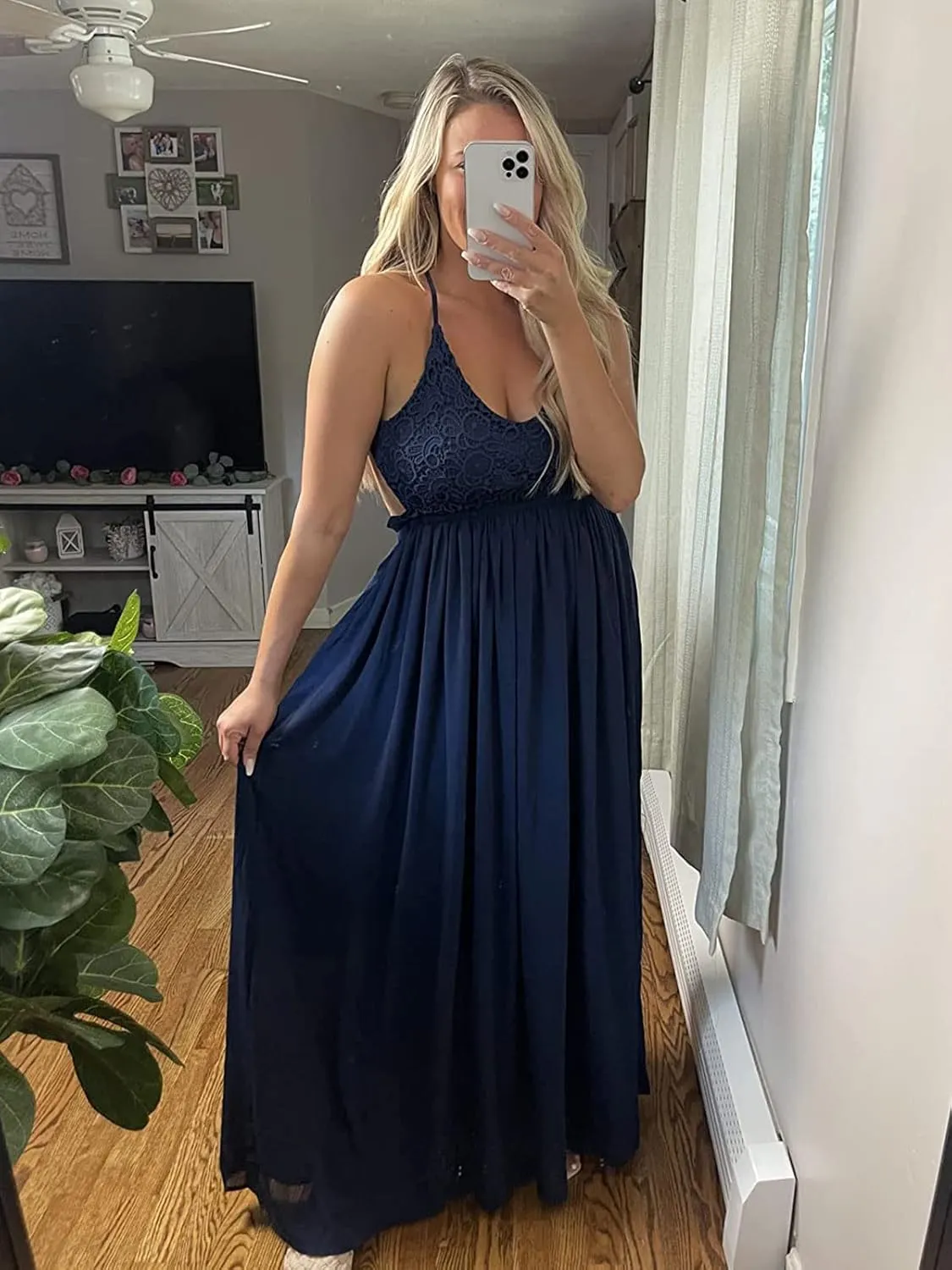 Ladmous Women's V Neck Floral Lace Wedding Dress Sleeveless Bridesmaid Evening Party Maxi Dress