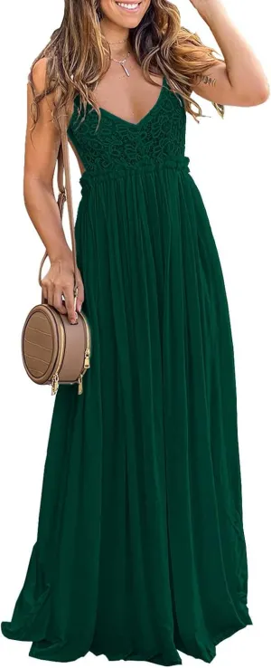 Ladmous Women's V Neck Floral Lace Wedding Dress Sleeveless Bridesmaid Evening Party Maxi Dress