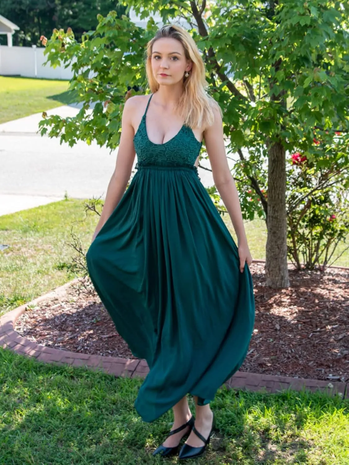 Ladmous Women's V Neck Floral Lace Wedding Dress Sleeveless Bridesmaid Evening Party Maxi Dress