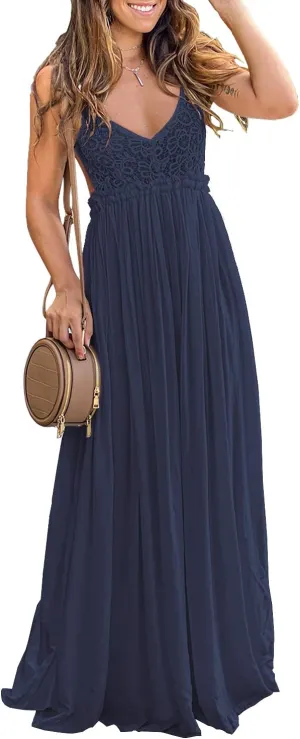 Ladmous Women's V Neck Floral Lace Wedding Dress Sleeveless Bridesmaid Evening Party Maxi Dress