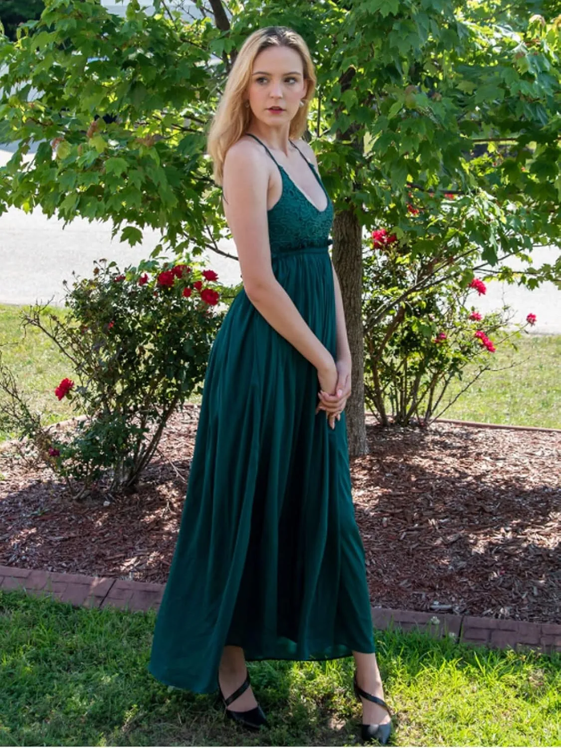 Ladmous Women's V Neck Floral Lace Wedding Dress Sleeveless Bridesmaid Evening Party Maxi Dress