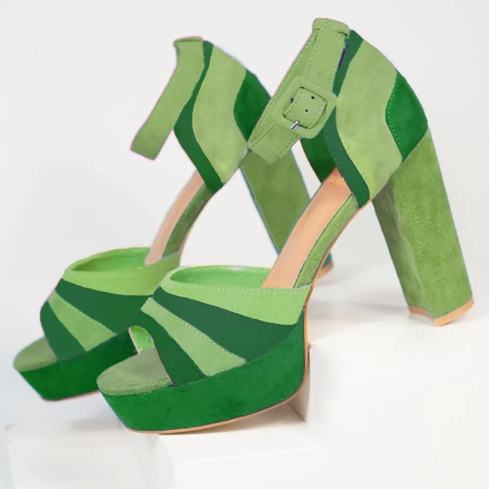 LEHOOR Women Rainbow High Chunky Heel Sandals Platform Round Peep Toe Ankle Strap Pumps Suede 4 Inch Block Heel Multicolor Buckle Summer Heels Cute Sexy Dress Party Sandals 4-11 M US