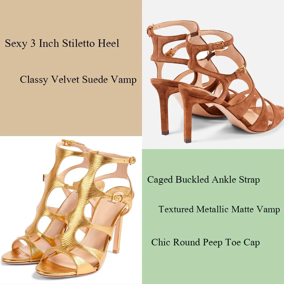 LEHOOR Women Sexy High Heels Gladiator Sandals Open Peep Toe Suede Caged Sandal Booties Kitten Heel Round Toe Cutout Ankle Boots Buckle Strappy Stiletto Sandals Dressy Summer Wedding Office 4-11 M US