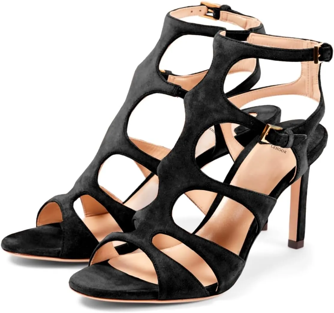 LEHOOR Women Sexy High Heels Gladiator Sandals Open Peep Toe Suede Caged Sandal Booties Kitten Heel Round Toe Cutout Ankle Boots Buckle Strappy Stiletto Sandals Dressy Summer Wedding Office 4-11 M US