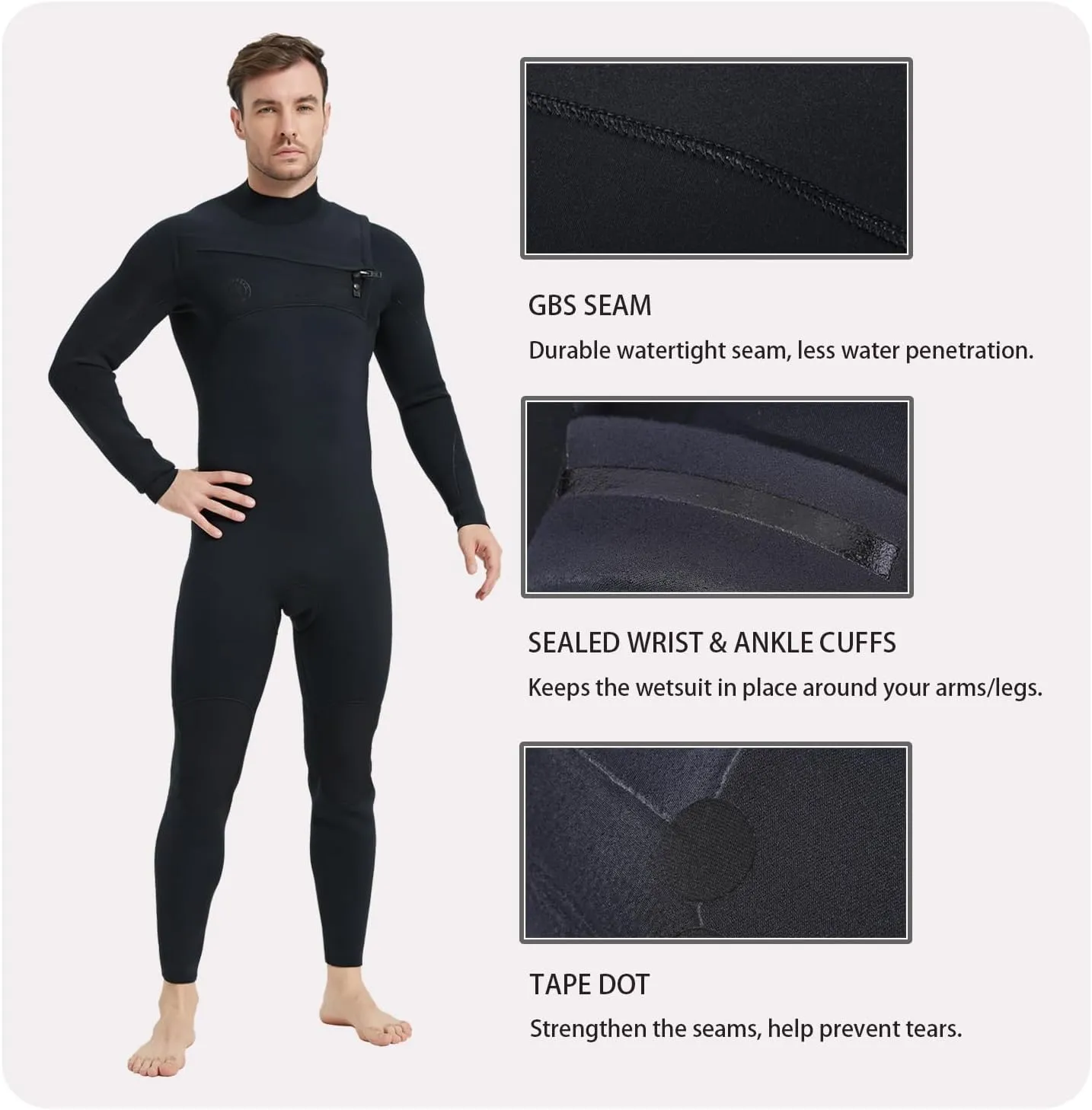 Lemorecn Men’s Surfing Wetsuit Super Stretch Neoprene 4/3mm Chest Zip Full Wetsuit for Men