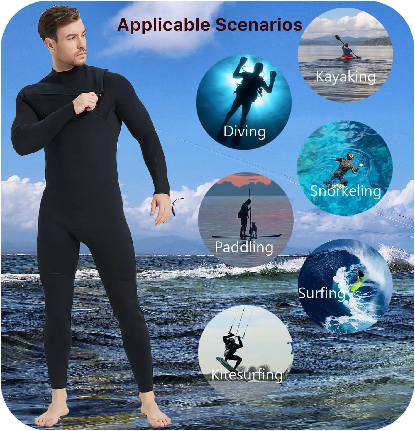 Lemorecn Men’s Surfing Wetsuit Super Stretch Neoprene 4/3mm Chest Zip Full Wetsuit for Men