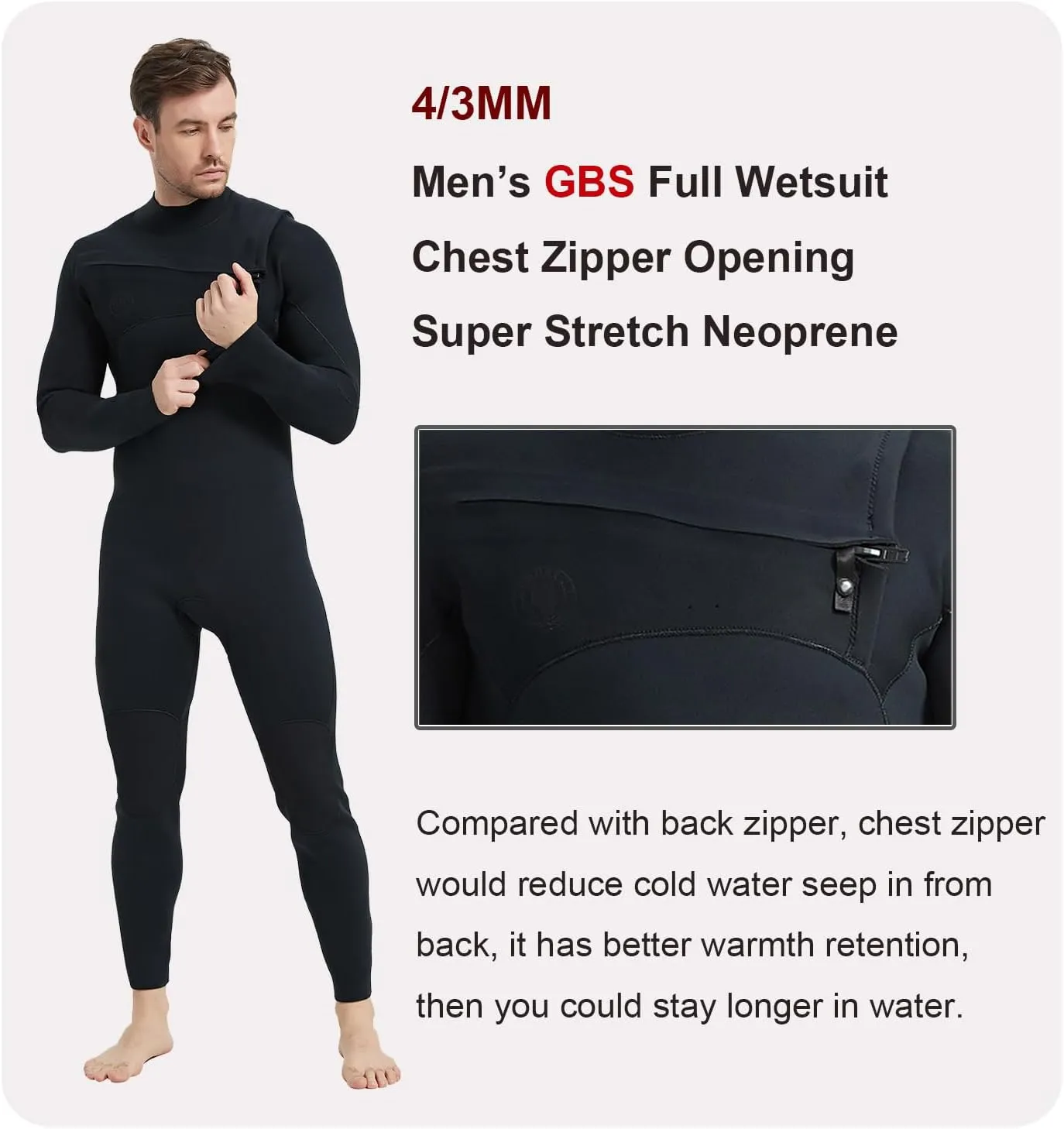 Lemorecn Men’s Surfing Wetsuit Super Stretch Neoprene 4/3mm Chest Zip Full Wetsuit for Men