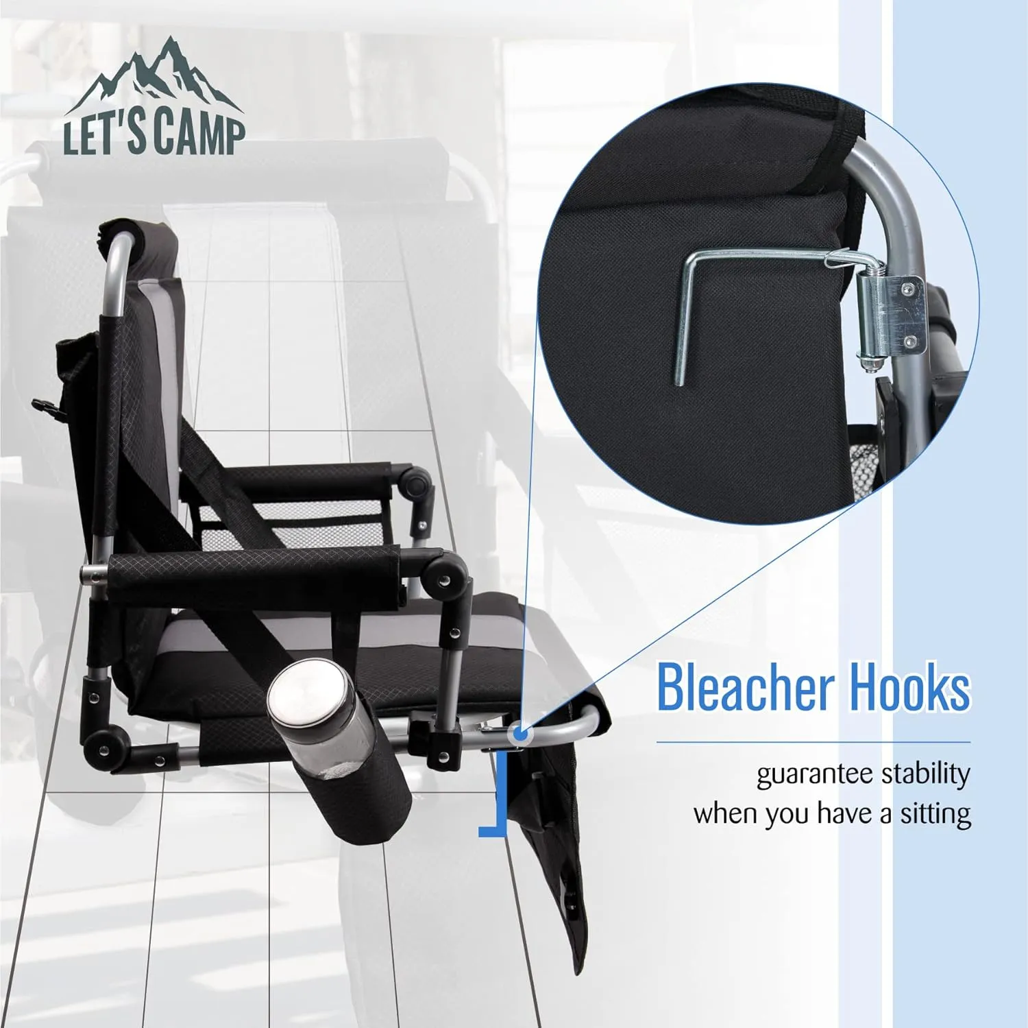 LET'S CAMP Folding Stadium Seat Bleacher Chair with Cup Holder, Mesh Bag and Hide Hooks, Portable Stadium Chair with Back and Cushion