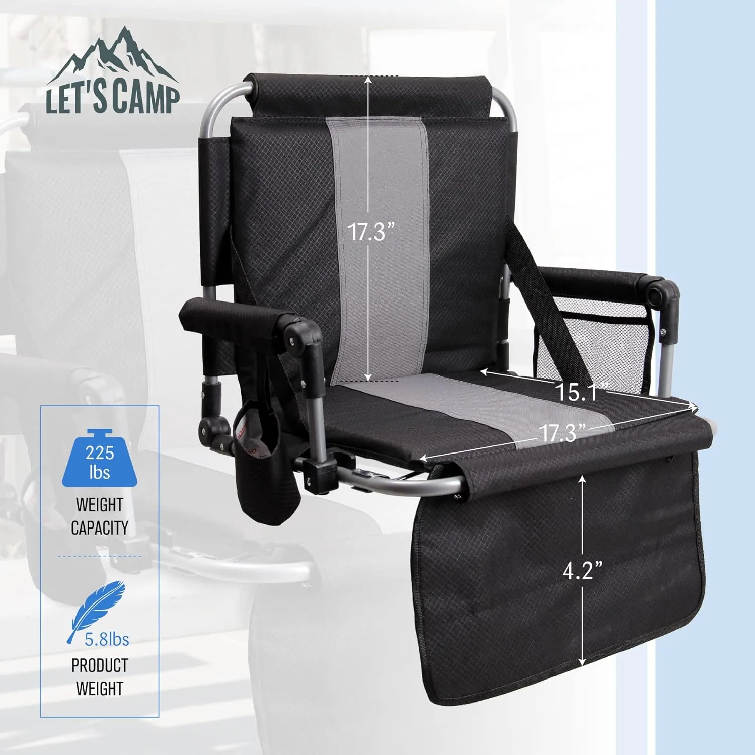 LET'S CAMP Folding Stadium Seat Bleacher Chair with Cup Holder, Mesh Bag and Hide Hooks, Portable Stadium Chair with Back and Cushion