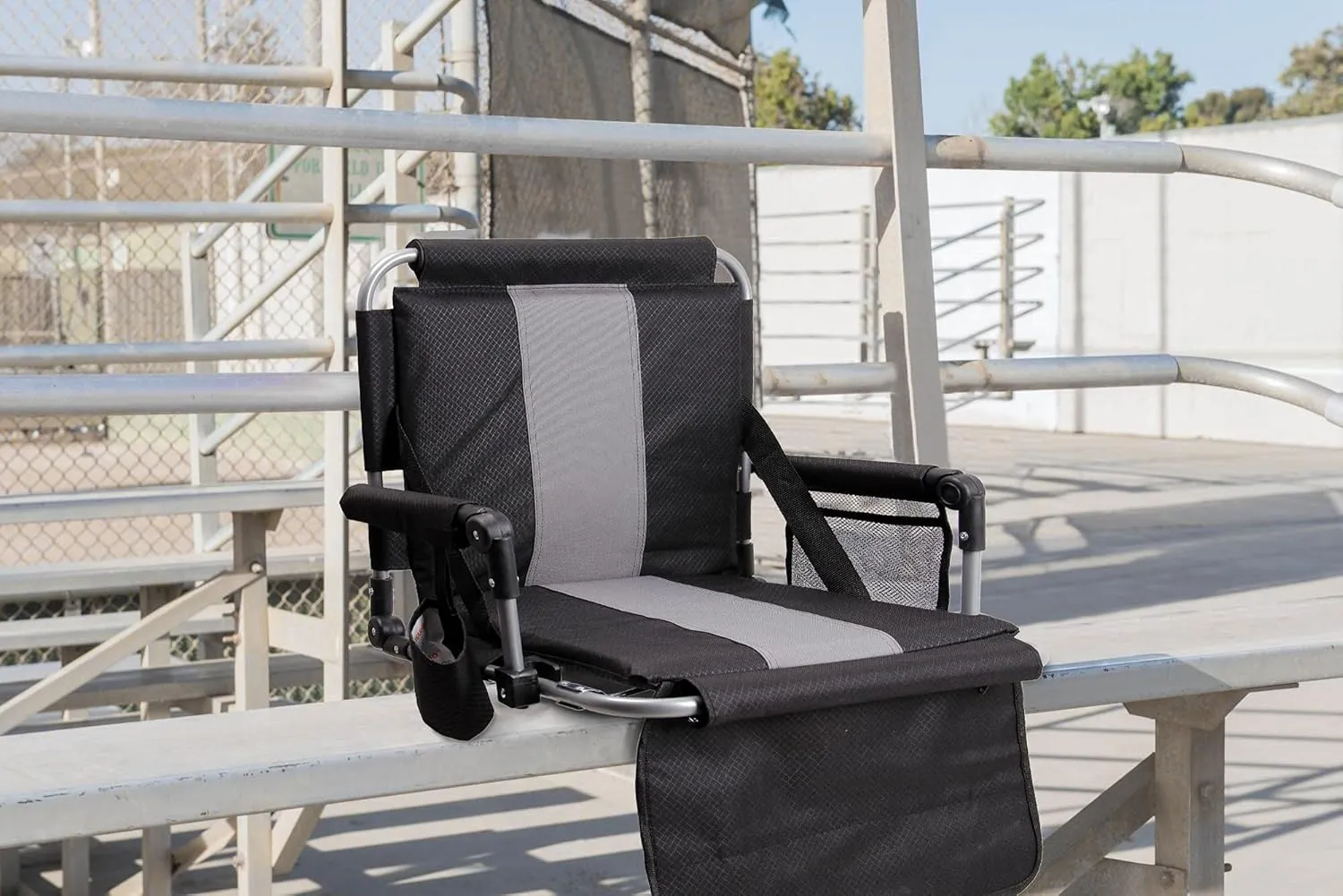 LET'S CAMP Folding Stadium Seat Bleacher Chair with Cup Holder, Mesh Bag and Hide Hooks, Portable Stadium Chair with Back and Cushion