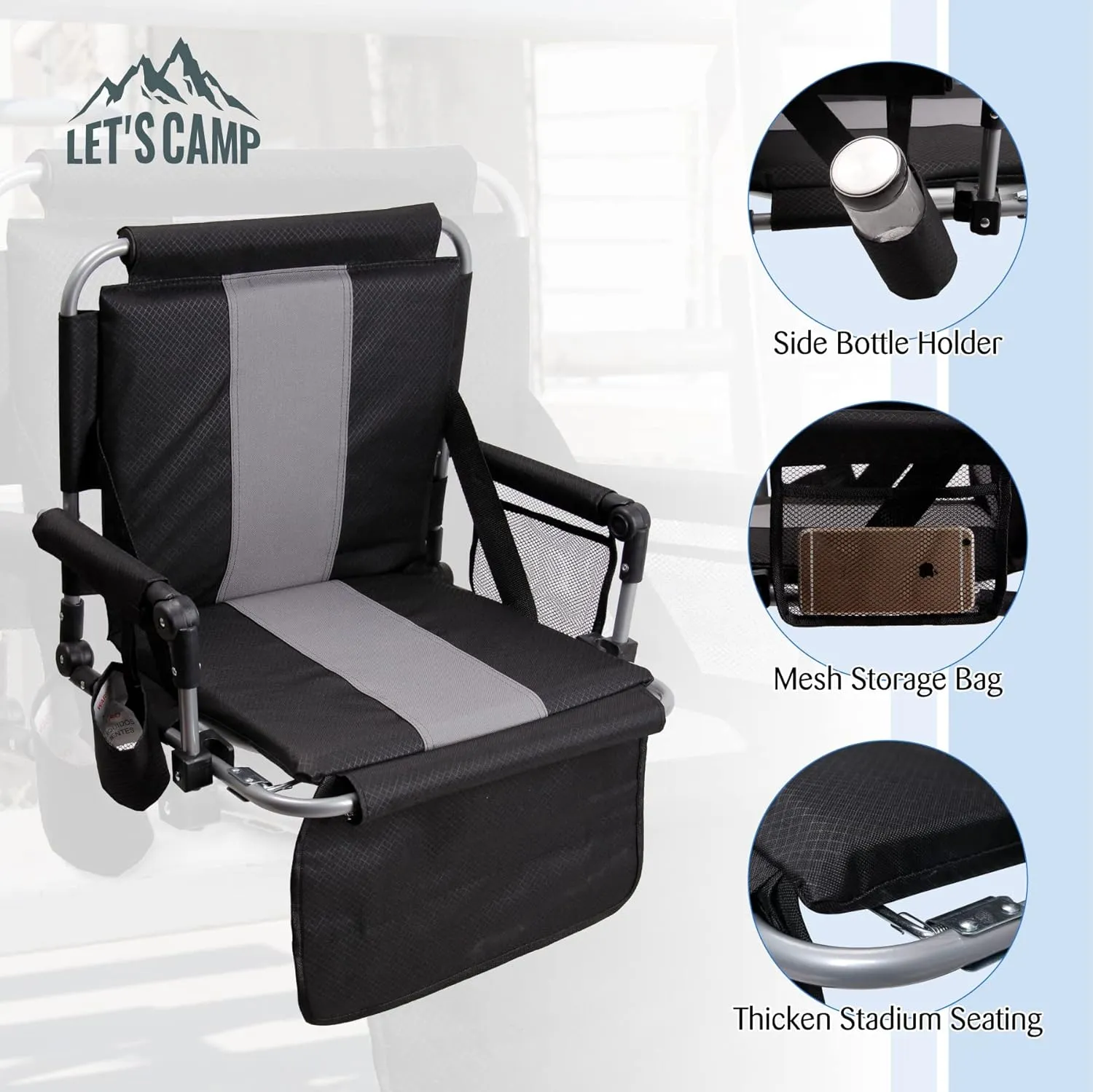 LET'S CAMP Folding Stadium Seat Bleacher Chair with Cup Holder, Mesh Bag and Hide Hooks, Portable Stadium Chair with Back and Cushion