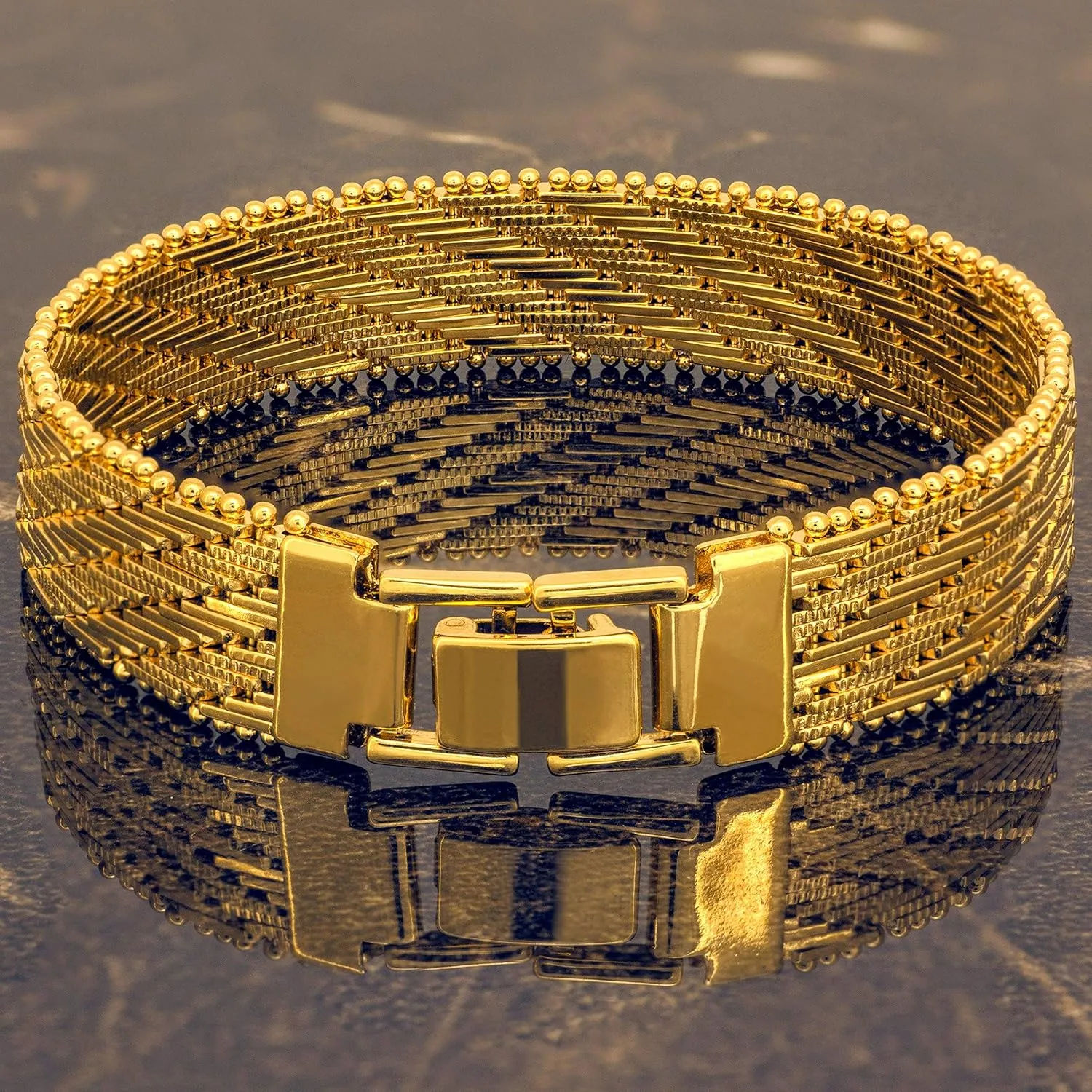 LIFETIME JEWELRY Vintage Flat Basket Weave Bracelet 24k Real Gold Plated for Women and Men (7mm & 13mm)