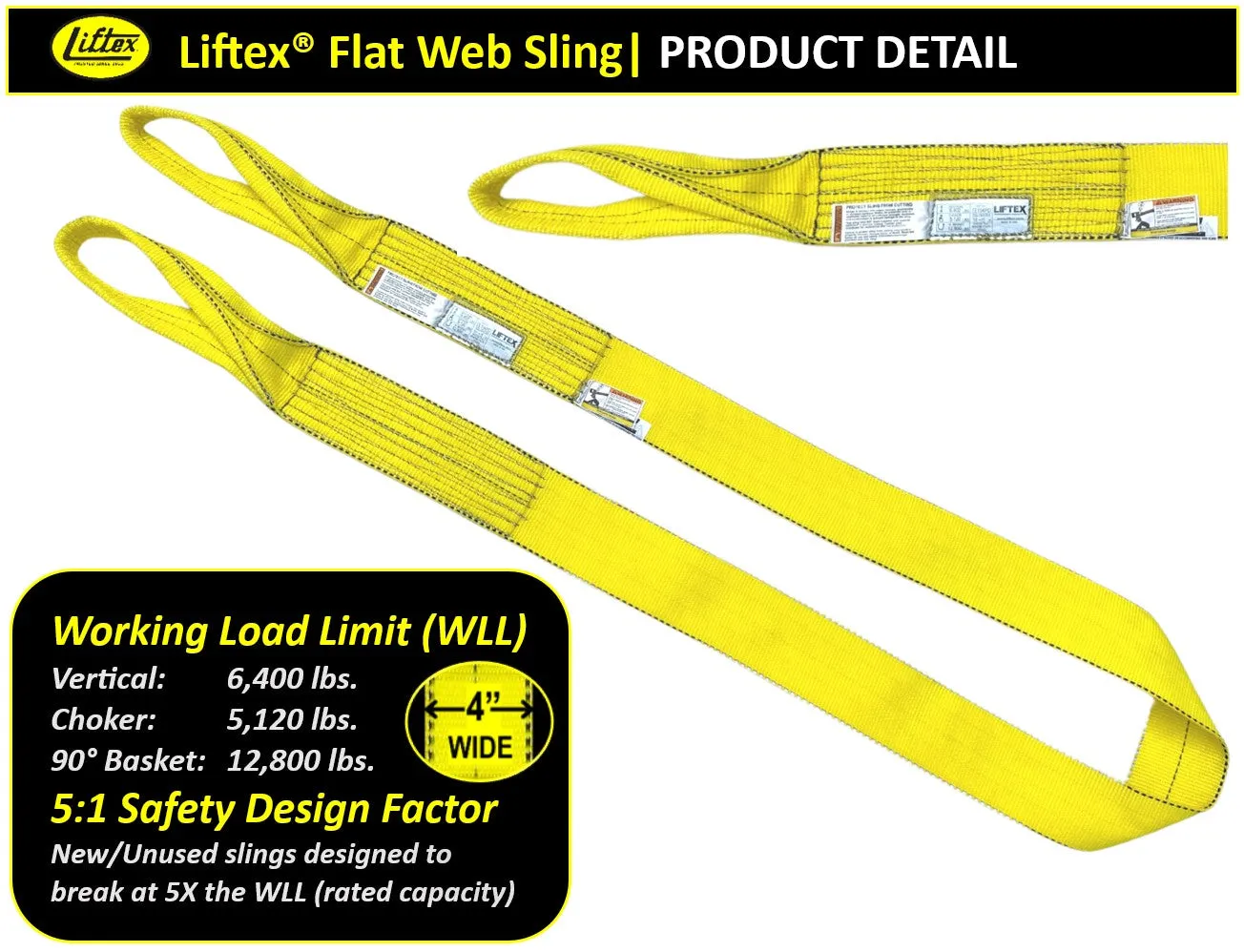 Liftex® Pro-Edge® 1-Ply 4" Flat Eye Polyester Web Sling | 6,400 lb Vertical Capacity