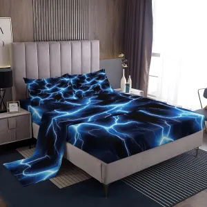 Lightning Sheets Twin Size Bed Set, Dynamic Storm Blue Sheet Set, Soft Microfiber Bedding 4 Piece 16 Inch Deep Pocket Fitted Sheet, Flat Sheet & 2 Pillow Cases
