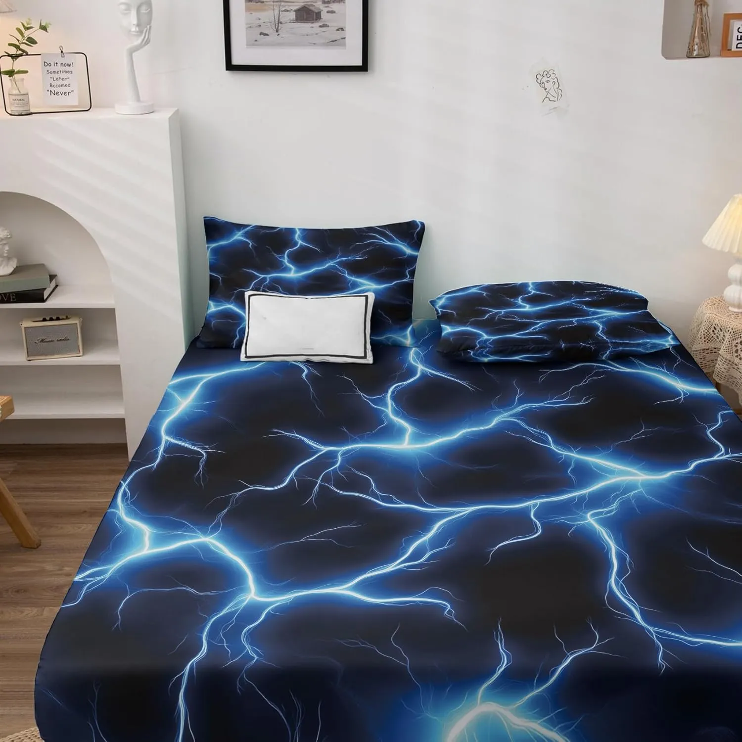Lightning Sheets Twin Size Bed Set, Dynamic Storm Blue Sheet Set, Soft Microfiber Bedding 4 Piece 16 Inch Deep Pocket Fitted Sheet, Flat Sheet & 2 Pillow Cases