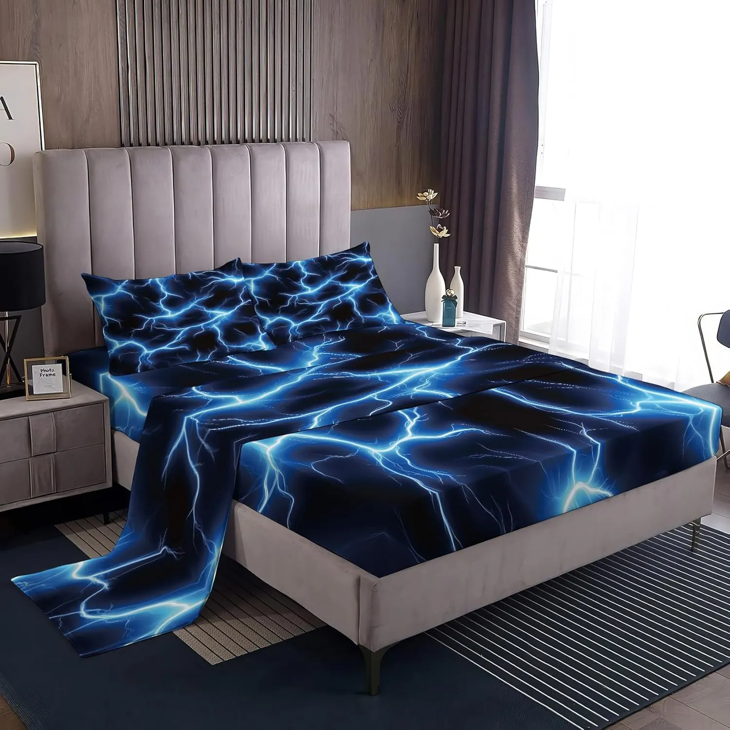 Lightning Sheets Twin Size Bed Set, Dynamic Storm Blue Sheet Set, Soft Microfiber Bedding 4 Piece 16 Inch Deep Pocket Fitted Sheet, Flat Sheet & 2 Pillow Cases