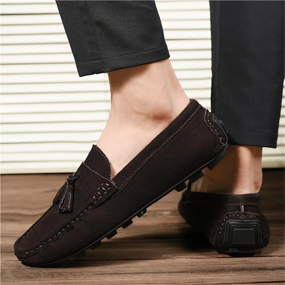 Loafers Shoes for Men Round Toe Nubuck Leather with Tassel Lightweight Flexible Flat Heel Walking Slip On
