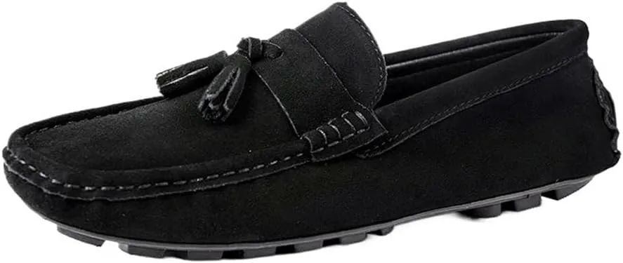 Loafers Shoes for Men Round Toe Nubuck Leather with Tassel Lightweight Flexible Flat Heel Walking Slip On
