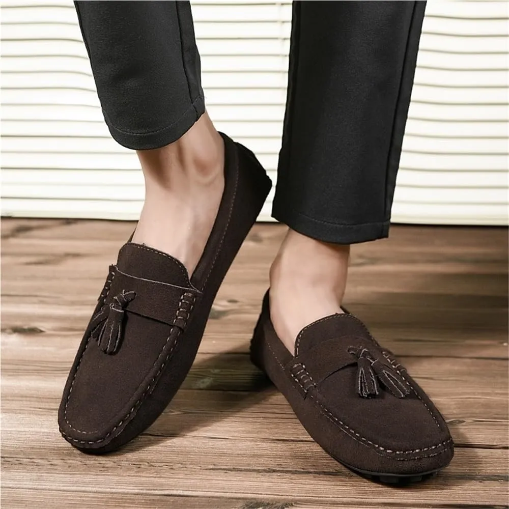 Loafers Shoes for Men Round Toe Nubuck Leather with Tassel Lightweight Flexible Flat Heel Walking Slip On