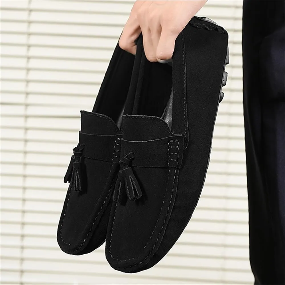 Loafers Shoes for Men Round Toe Nubuck Leather with Tassel Lightweight Flexible Flat Heel Walking Slip On