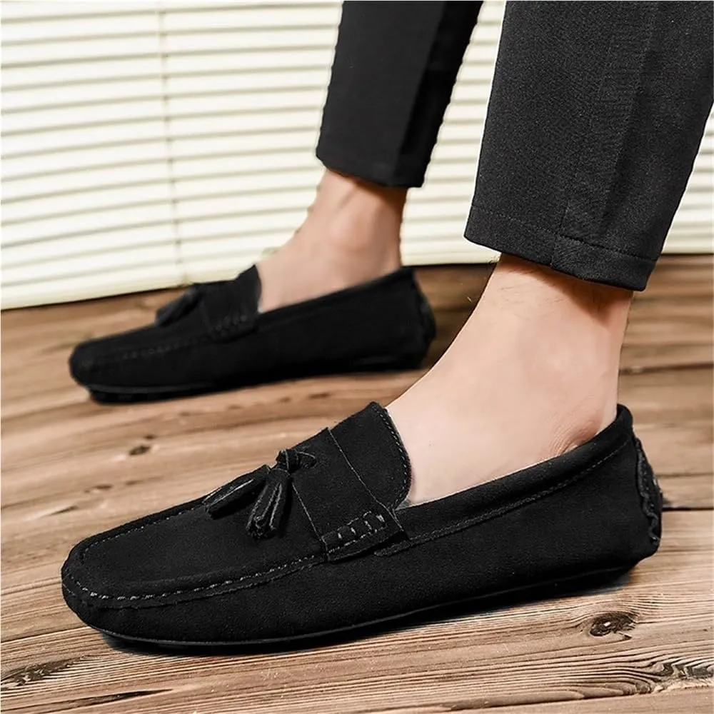 Loafers Shoes for Men Round Toe Nubuck Leather with Tassel Lightweight Flexible Flat Heel Walking Slip On