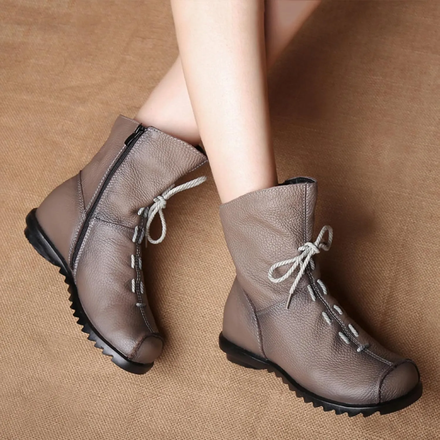 Lossarye Women's Soft Genuine Leather Lace Up Flat Boots Handmade Wide Round Toe Side Zipper Comfortable Warm Fur Lined Anti-Slip Booties