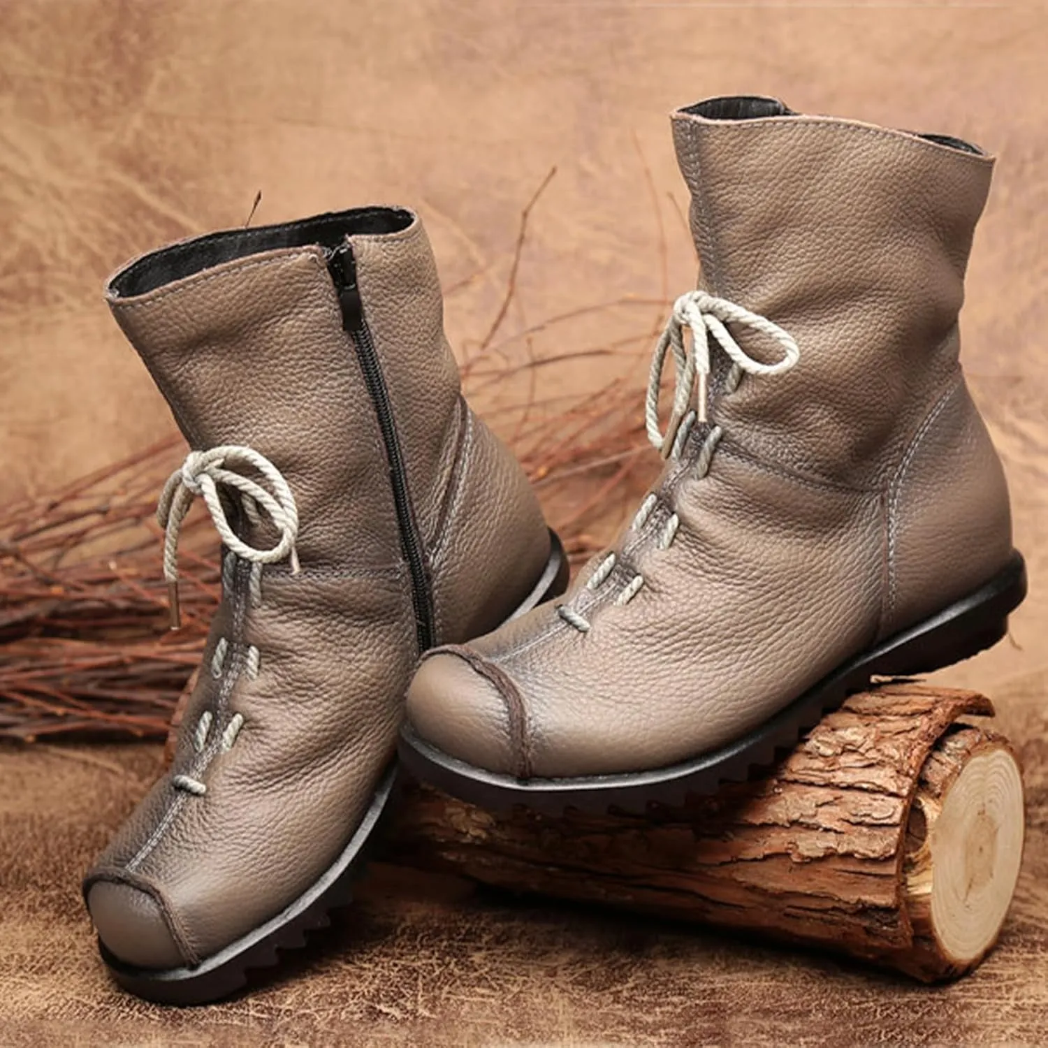 Lossarye Women's Soft Genuine Leather Lace Up Flat Boots Handmade Wide Round Toe Side Zipper Comfortable Warm Fur Lined Anti-Slip Booties