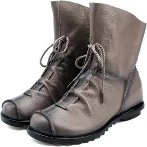 Lossarye Women's Soft Genuine Leather Lace Up Flat Boots Handmade Wide Round Toe Side Zipper Comfortable Warm Fur Lined Anti-Slip Booties