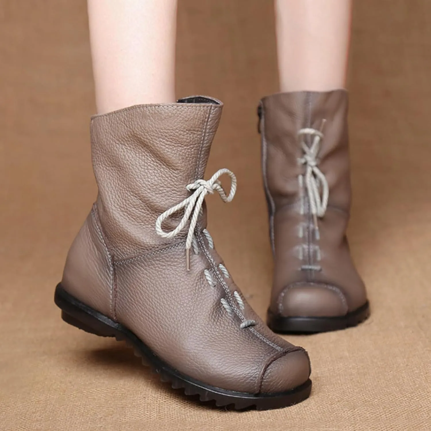 Lossarye Women's Soft Genuine Leather Lace Up Flat Boots Handmade Wide Round Toe Side Zipper Comfortable Warm Fur Lined Anti-Slip Booties