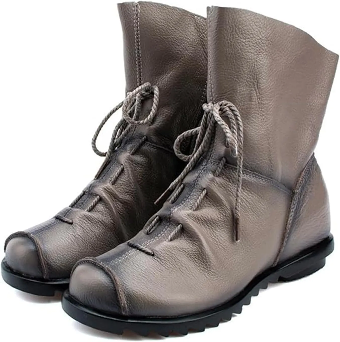 Lossarye Women's Soft Genuine Leather Lace Up Flat Boots Handmade Wide Round Toe Side Zipper Comfortable Warm Fur Lined Anti-Slip Booties