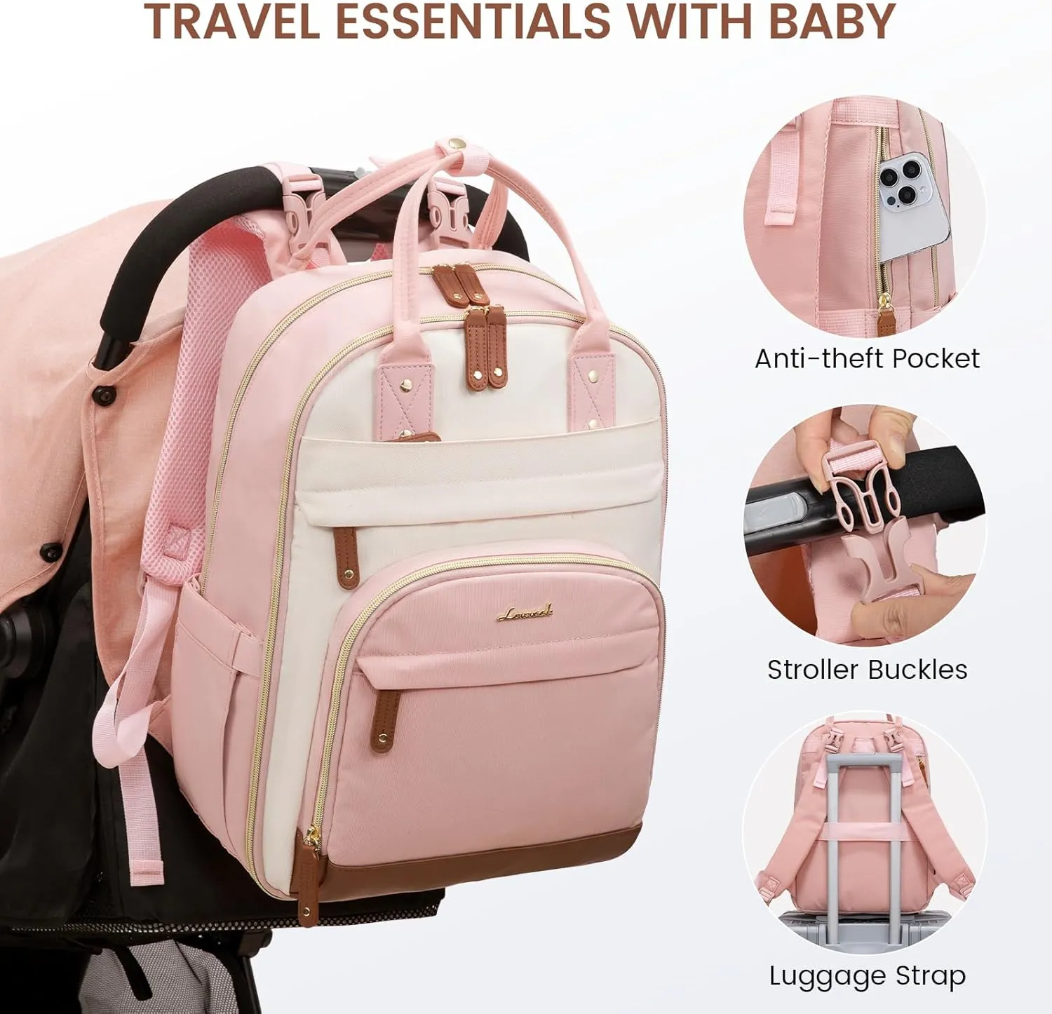 LOVEVOOK Diaper Bag Backpack, Baby Bag with Changing Pad, Large Diaper Backpack Boy Girl, Waterproof Baby Registry Bag for Mom Dad with Stroller Buckles, Pink-beige-brown