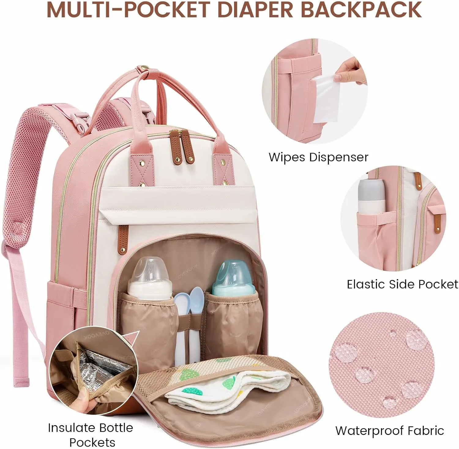 LOVEVOOK Diaper Bag Backpack, Baby Bag with Changing Pad, Large Diaper Backpack Boy Girl, Waterproof Baby Registry Bag for Mom Dad with Stroller Buckles, Pink-beige-brown