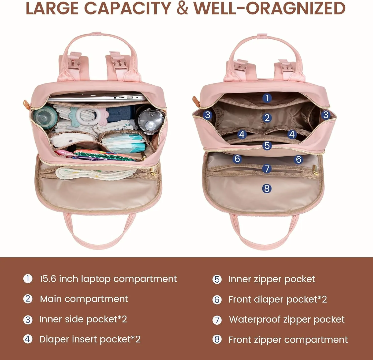 LOVEVOOK Diaper Bag Backpack, Baby Bag with Changing Pad, Large Diaper Backpack Boy Girl, Waterproof Baby Registry Bag for Mom Dad with Stroller Buckles, Pink-beige-brown