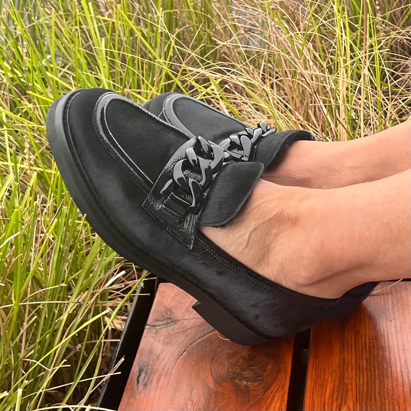 Luca Grossi Black Pony Loafer with Metal front hardware G882M