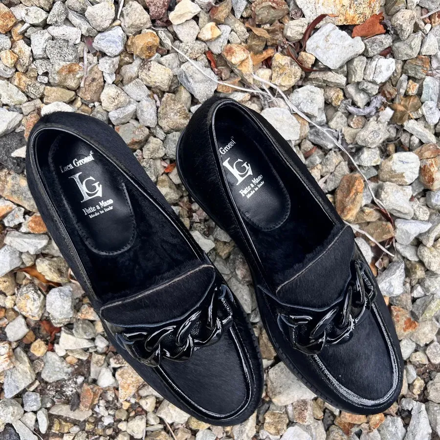 Luca Grossi Black Pony Loafer with Metal front hardware G882M
