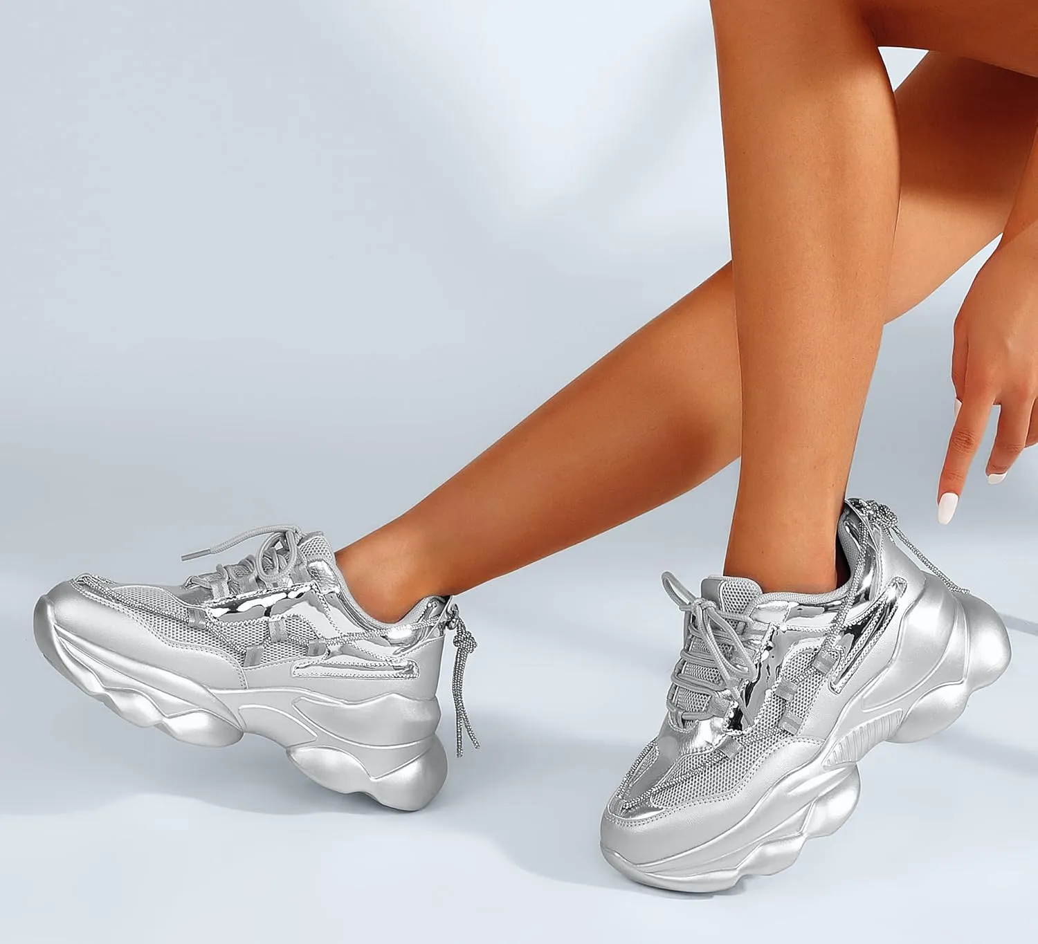 LUCKY STEP Women's 90s Chunky Sneakers Sparkly Bling Rhinestone Rope Platform Casual Thick Dad Rave Walking Shoes