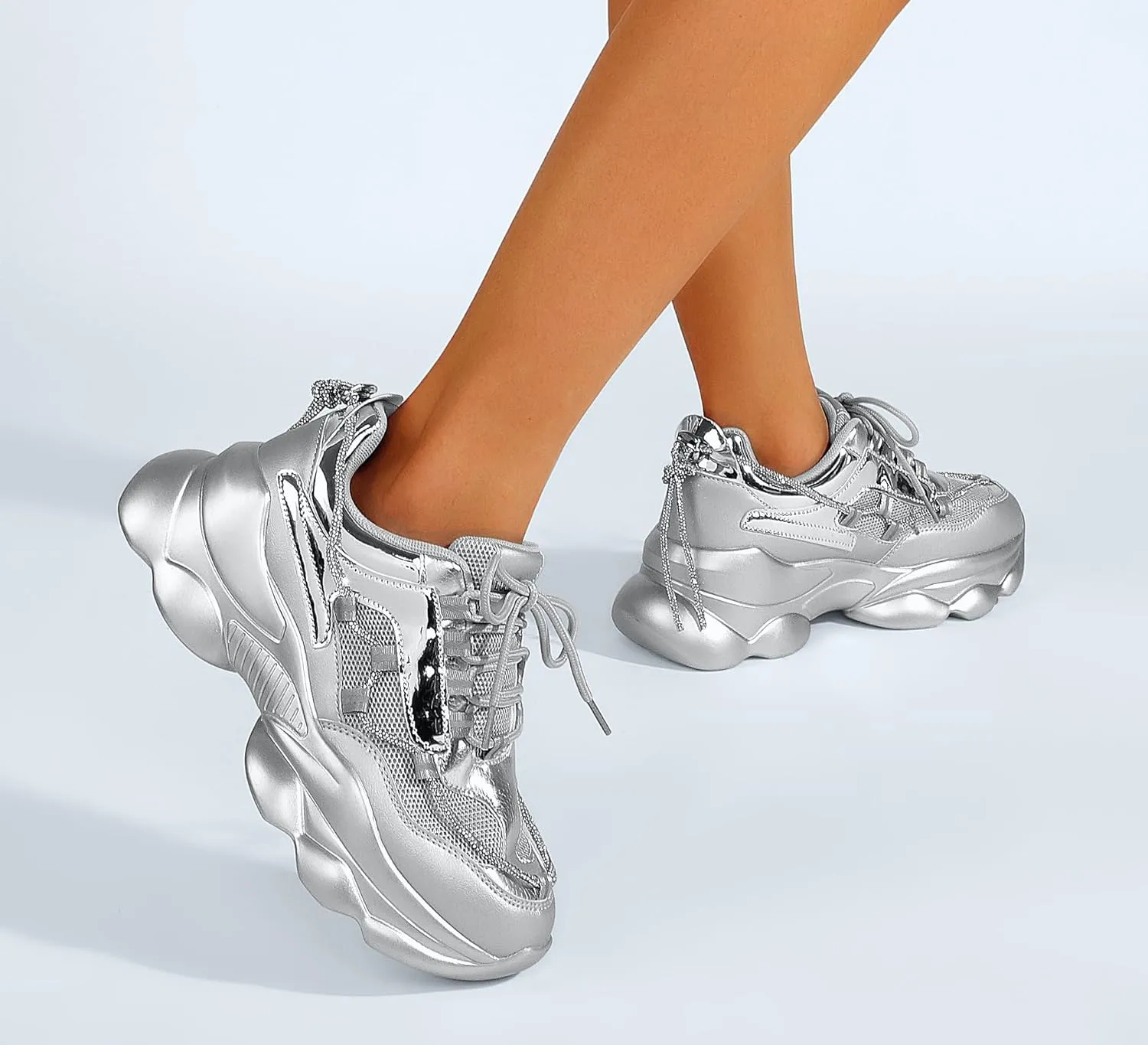 LUCKY STEP Women's 90s Chunky Sneakers Sparkly Bling Rhinestone Rope Platform Casual Thick Dad Rave Walking Shoes