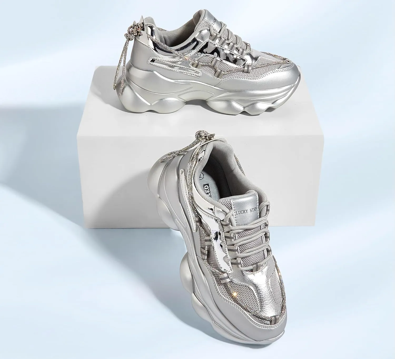 LUCKY STEP Women's 90s Chunky Sneakers Sparkly Bling Rhinestone Rope Platform Casual Thick Dad Rave Walking Shoes
