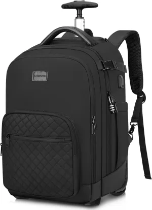 Mancro Rolling Backpack for Women & Men, Water-Resistant 17 Inch Laptop Travel Backpack with Wheels, Anti-Theft Business Wheeled Backpacks Carry On Luggage, Overnight Roller Bag for Adults, Black
