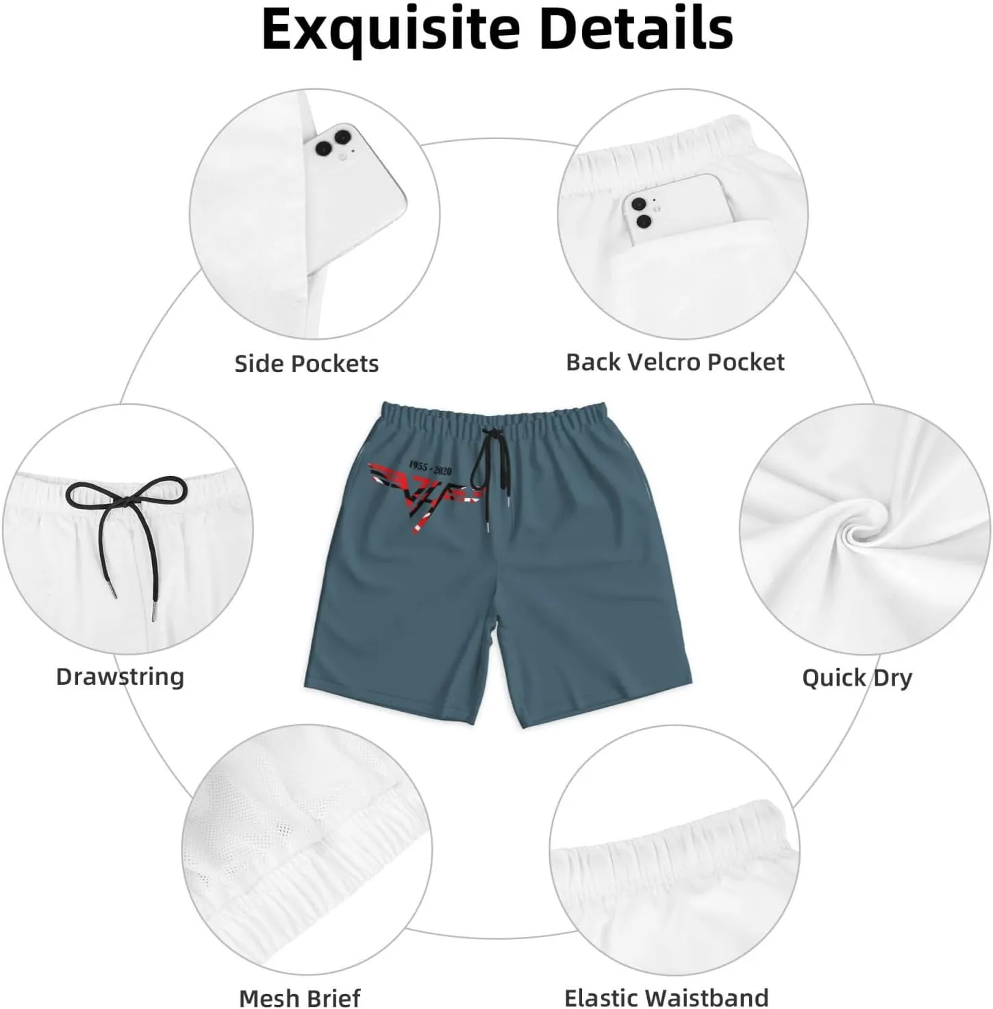 Man's Shorts Bathing for Van.1986 Halen Beach Pants,Summer Breathable Cool Quick Dry Board Shorts Bathing Suit