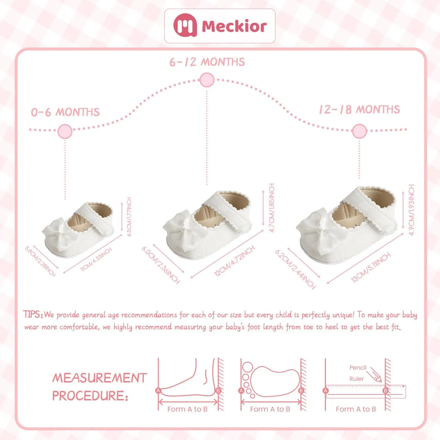 Meckior Infant Baby Girls Soft Sole Bowknot Princess Wedding Dress Mary Jane Flats Prewalker Newborn Light Baby Sneaker Shoes
