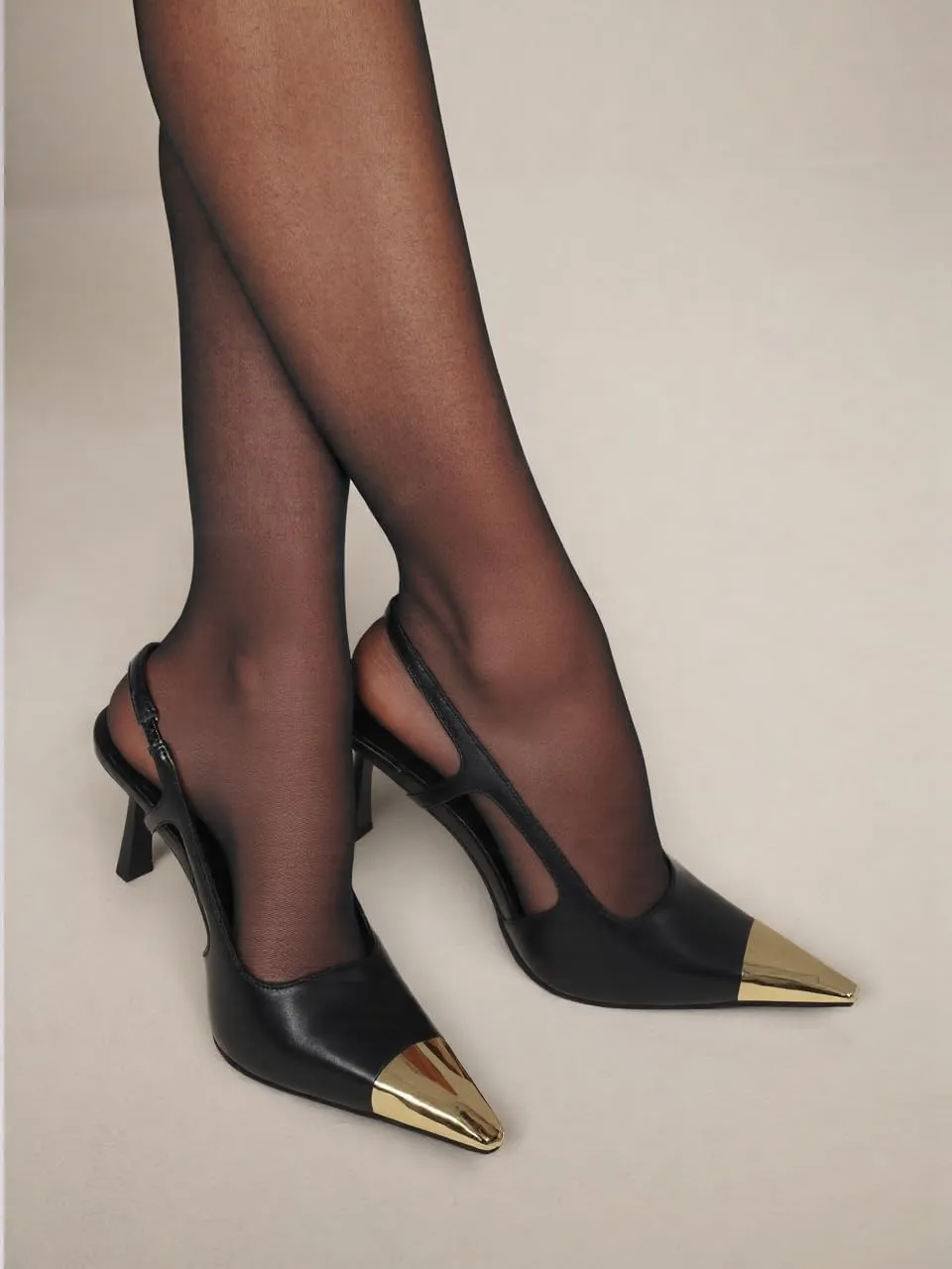 MeiLuSi Slingback Heels for Women IN3 Kitten Heels Metal Pointed Toe Pumps Backless Heels Slip on Elastic Strap Party Dress Shoes