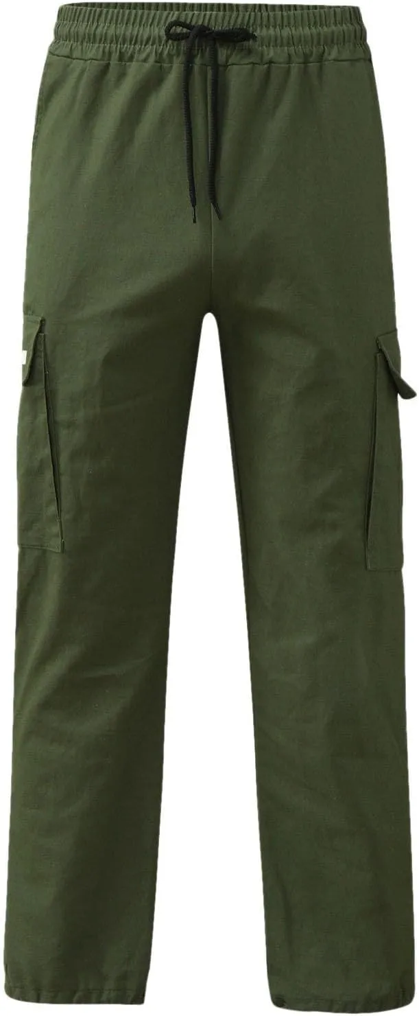 Men's Cargo Combat Pants Casual Linen Stretch Drawstring Pant Sweatpant Joggers Loose Fit Loungewear